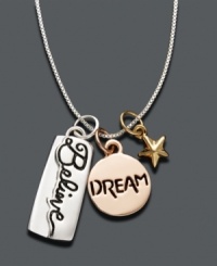 This necklace is absolutely charming and will remind you to believe in your dreams. Featured in sterling silver with a star charm, a 14k rose gold-plated dream charm, and a 14k gold-plated believe charm. Approximate length: 18 inches. Approximate drop: 1 inch. This necklace is absolutely charming and will remind you to believe in your dreams. Featured in sterling silver with a star charm, a 14k rose gold-plated dream charm, and a 14k gold-plated believe charm. Approximate length: 18 inches. Approximate drop: 1 inch.
