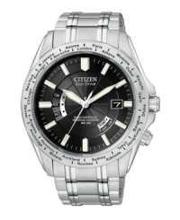 Never miss a meeting, a date or a single beat with this radio-controlled world time watch by Citizen Eco-Drive. Never miss a meeting, a date or a single beat with this radio-controlled world time watch by Citizen Eco-Drive.