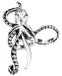 Under the sea sophistication, by RACHEL Rachel Roy. Two-finger octopus ring crafted from rhodium-plated mixed metal, covered in sparkling glass crystals. Size 7-8.