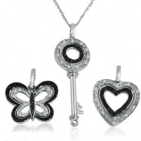 Black and White Diamond 3 Necklace Set in Sterling Silver Key, Heart & Butterfly (1/5cttw. 18in. Chain) Black and White Diamond 3 Necklace Set in Sterling Silver Key, Heart & Butterfly (1/5cttw. 18in. Chain)