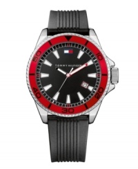 Bold and athletic, this watch by Tommy Hilfiger nails all-American design. Black ribbed silicone strap and round silver tone mixed metal case with red bezel. Black dial features luminous stick indices, date window at four o'clock, red and black luminous hands and logo at twelve o'clock. Quartz movement. Water resistant to 30 meters. Ten-year limited warranty. Bold and athletic, this watch by Tommy Hilfiger nails all-American design. Black ribbed silicone strap and round silver tone mixed metal case with red bezel. Black dial features luminous stick indices, date window at four o'clock, red and black luminous hands and logo at twelve o'clock. Quartz movement. Water resistant to 30 meters. Ten-year limited warranty.