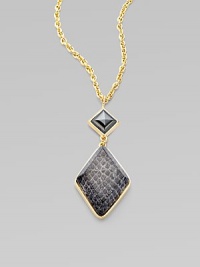 This sleek, long 14k goldplated chain dangles an eye-catching diamond shaped pendant. 14k goldplated white metal alloy Length, about 18 Resin covered water snakeskin Pendant size, about 2¼ Lobster clasp closure Made in USA This sleek, long 14k goldplated chain dangles an eye-catching diamond shaped pendant. 14k goldplated white metal alloy Length, about 18 Resin covered water snakeskin Pendant size, about 2¼ Lobster clasp closure Made in USA