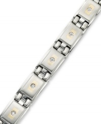 A bold statement for the stylish man. This stainless steel and 14k gold bracelet features diamonds (1/10 ct. t.w.) for an added touch of sophistication. Approximate length: 8-1/2 inches. A bold statement for the stylish man. This stainless steel and 14k gold bracelet features diamonds (1/10 ct. t.w.) for an added touch of sophistication. Approximate length: 8-1/2 inches.