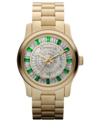 Emerald-colored crystals mark the time on this mesmerizing Runway watch from Michael Kors. Emerald-colored crystals mark the time on this mesmerizing Runway watch from Michael Kors.