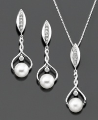 Awe-inspiring design, perfect for a truly elegant look. This pendant and earrings set features round-cut diamond (1/10 ct. t.w.) and cultured freshwater pearl (6.5-7 mm) set in sterling silver. Pendant measures approximately 18 inches with a 1-1/4 inch drop. Earrings measure approximately 1-1/4 inches. Awe-inspiring design, perfect for a truly elegant look. This pendant and earrings set features round-cut diamond (1/10 ct. t.w.) and cultured freshwater pearl (6.5-7 mm) set in sterling silver. Pendant measures approximately 18 inches with a 1-1/4 inch drop. Earrings measure approximately 1-1/4 inches.
