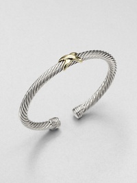 From the X Collection. An exquisite twisted cable, smartly crossed with a gold X in the center.Sterling silver and 18k yellow goldCable, 5mmDiameter, about 2.25Made in USA From the X Collection. An exquisite twisted cable, smartly crossed with a gold X in the center.Sterling silver and 18k yellow goldCable, 5mmDiameter, about 2.25Made in USA