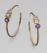 This simply chic design features faceted rose quartz, yellow quartz and amethyst stones set in a bead bronze hoop. Rose quartz, yellow quartz and amethystBronzeLength, about 2Post backMade in USA