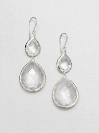 Sparkling, faceted clear quartz stones set in hammered sterling silver in a snowman drop design. Clear quartzSterling silverDrop, about 2.1Hook backImported Sparkling, faceted clear quartz stones set in hammered sterling silver in a snowman drop design. Clear quartzSterling silverDrop, about 2.1Hook backImported