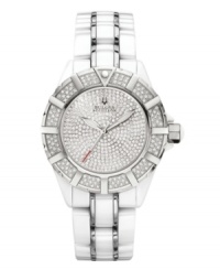 Dazzling and memorable, this Mirador collection watch by Bulova Accutron is in a class by itself. White ceramic and stainless steel bracelet and round case with curved sapphire crystal. Rotating bezel and mother-of-pearl dial embellished with 552 hand-set diamond accents. Dial also features luminous hands and logo. Swiss quartz movement. Water resistant to 50 meters. Five-year warranty. Dazzling and memorable, this Mirador collection watch by Bulova Accutron is in a class by itself. White ceramic and stainless steel bracelet and round case with curved sapphire crystal. Rotating bezel and mother-of-pearl dial embellished with 552 hand-set diamond accents. Dial also features luminous hands and logo. Swiss quartz movement. Water resistant to 50 meters. Five-year warranty.