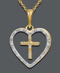 The perfect combination of faith and love. Mi Joya Divina's symbolic pendant features an open-cut heart and cross charm at center. Crafted in 14k gold with round-cut diamonds (1/10 ct. t.w.). Approximate length: 18 inches. Approximate drop length: 8/10 inch. Approximate drop width: 6/10 inch. The perfect combination of faith and love. Mi Joya Divina's symbolic pendant features an open-cut heart and cross charm at center. Crafted in 14k gold with round-cut diamonds (1/10 ct. t.w.). Approximate length: 18 inches. Approximate drop length: 8/10 inch. Approximate drop width: 6/10 inch.