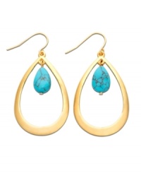 Memories of warm ocean waves, by Lauren by Ralph Lauren. Earrings feature sleek gold tone mixed metal teardrops with bright semi-precious reconstituted turquoise stones at center. Approximate length: 2 inches. Memories of warm ocean waves, by Lauren by Ralph Lauren. Earrings feature sleek gold tone mixed metal teardrops with bright semi-precious reconstituted turquoise stones at center. Approximate length: 2 inches.