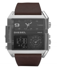 Diesel created the ultimate watch for the man who's always in three places at once. Brown leather strap and square stainless steel case, 49x54mm. Gunmetal dial features rectangular analog subdial at top, circular analog subdial at bottom right and negative display digital dial at bottom left. Quartz movement. Water resistant to 50 meters. Two-year limited warranty. Diesel created the ultimate watch for the man who's always in three places at once. Brown leather strap and square stainless steel case, 49x54mm. Gunmetal dial features rectangular analog subdial at top, circular analog subdial at bottom right and negative display digital dial at bottom left. Quartz movement. Water resistant to 50 meters. Two-year limited warranty.