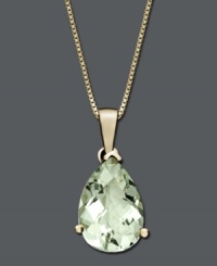 Add a splash of springtime color to your look. This elegant pendant feature a pear-cut green quartz (2-3/4 ct. t.w.) set in 14k gold. Approximate length: 18 inches. Approximate drop: 3/4 inch. Add a splash of springtime color to your look. This elegant pendant feature a pear-cut green quartz (2-3/4 ct. t.w.) set in 14k gold. Approximate length: 18 inches. Approximate drop: 3/4 inch.