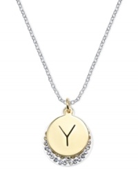 Letter perfection. This sterling silver necklace holds a pendant set in 14k gold and sterling silver plated topped with a Y and adorned with crystal for a stunning statement. Approximate length: 18 inches. Approximate drop: 7/8 inch. Approximate drop width: 5/8 inch.