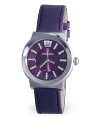 Embrace a majestic attitude with the luxurious hue of this Piazza watch by Swarovski. Prune-colored leather strap and round stainless steel case. Purple dial with a circular sunray pattern features four crystal accents at each marker, logo at twelve o'clock and two silver tone hands. Swiss quartz movement. Water resistant to 30 meters. Two-year limited warranty. Embrace a majestic attitude with the luxurious hue of this Piazza watch by Swarovski. Prune-colored leather strap and round stainless steel case. Purple dial with a circular sunray pattern features four crystal accents at each marker, logo at twelve o'clock and two silver tone hands. Swiss quartz movement. Water resistant to 30 meters. Two-year limited warranty.