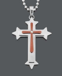 Base your faith on solid style. This modern men's necklace features an intricate cross pendant with a round-cut diamond accent at center. Pendant crafted in stainless steel and brown ion-plated stainless steel. Bead chain crafted in stainless steel. Approximate length: 24 inches. Approximate drop width: 1-3/10 inches. Approximate drop length: 1-4/5 inches. Base your faith on solid style. This modern men's necklace features an intricate cross pendant with a round-cut diamond accent at center. Pendant crafted in stainless steel and brown ion-plated stainless steel. Bead chain crafted in stainless steel. Approximate length: 24 inches. Approximate drop width: 1-3/10 inches. Approximate drop length: 1-4/5 inches.