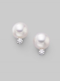 From the Akoya Collection. Classic white cultured pearl studs with sparkling diamond accents, set in 18k gold. 7mm white round cultured pearls Quality: A+ Diamonds, 0.10 tcw 18k white gold Post back Imported From the Akoya Collection. Classic white cultured pearl studs with sparkling diamond accents, set in 18k gold. 7mm white round cultured pearls Quality: A+ Diamonds, 0.10 tcw 18k white gold Post back Imported