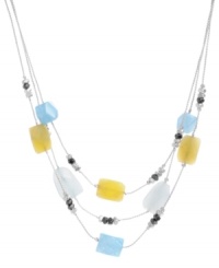 Sweeten your style with candy colors. Kenneth Cole New York's delicate illusion necklace features semi-precious blue quartz, green amazonite and yellow jade geometric stones with small hematite and silver beaded details. Set in mixed metal. Approximate length: 16 inches + 3-inch extender. Approximate drop: 1-3/4 inches. Sweeten your style with candy colors. Kenneth Cole New York's delicate illusion necklace features semi-precious blue quartz, green amazonite and yellow jade geometric stones with small hematite and silver beaded details. Set in mixed metal. Approximate length: 16 inches + 3-inch extender. Approximate drop: 1-3/4 inches.