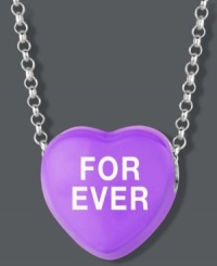 Sugary sweet style you can wear! Sweethearts' FOR EVER pendant features a purple enamel surface and polished, sterling silver setting and chain. Copyright © 2011 New England Confectionery Company. Approximate length: 16 inches + 2-inch extender. Approximate drop: 1/2 inch. Sugary sweet style you can wear! Sweethearts' FOR EVER pendant features a purple enamel surface and polished, sterling silver setting and chain. Copyright © 2011 New England Confectionery Company. Approximate length: 16 inches + 2-inch extender. Approximate drop: 1/2 inch.