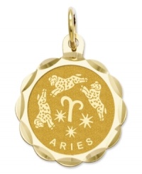 Tell everyone your sign in style! This scalloped and polished disc charm features the Aries Zodiac in 14k gold. Chain not included. Approximate length: 9/10 inch. Approximate width: 3/5 inch. Tell everyone your sign in style! This scalloped and polished disc charm features the Aries Zodiac in 14k gold. Chain not included. Approximate length: 9/10 inch. Approximate width: 3/5 inch.