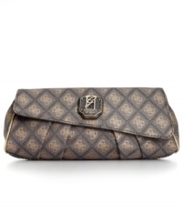 An evening out deserves exquisite accessorizing. Take along this sleek design from GUESS that's dressed to impress with 4G logo pattern and elegant ruched detailing. Easily fits phone, cash, ID and your favorite lipstick. An evening out deserves exquisite accessorizing. Take along this sleek design from GUESS that's dressed to impress with 4G logo pattern and elegant ruched detailing. Easily fits phone, cash, ID and your favorite lipstick.