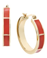 Traditional hoops take on a chic touch of color blocking. Charter Club adds a bright pop of red resin to stylish hoop earrings. Crafted in gold tone mixed metal. Approximate diameter: 3/4 inch. Traditional hoops take on a chic touch of color blocking. Charter Club adds a bright pop of red resin to stylish hoop earrings. Crafted in gold tone mixed metal. Approximate diameter: 3/4 inch.