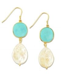 A taste of the tropics. Shimmering cultured freshwater pearls (13 mm x 17 mm) and round turquoise stones (7-5/8 ct. t.w.) create an exotic look on these 18k gold over sterling silver earrings. Approximate drop: 1-1/2 inches. A taste of the tropics. Shimmering cultured freshwater pearls (13 mm x 17 mm) and round turquoise stones (7-5/8 ct. t.w.) create an exotic look on these 18k gold over sterling silver earrings. Approximate drop: 1-1/2 inches.