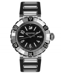 Icy crystal and jet black juxtapose dramatically on this Octea Sport watch by Swarovski. Black rubber strap with six clear crystals and round stainless steel case. Clear crystal rotating bezel. Black dial features applied silver tone numerals and stick indices, minute track, date window at three o'clock, luminous hands and logo. Swiss quartz movement. Water resistant to 30 meters. Two-year limited warranty. Icy crystal and jet black juxtapose dramatically on this Octea Sport watch by Swarovski. Black rubber strap with six clear crystals and round stainless steel case. Clear crystal rotating bezel. Black dial features applied silver tone numerals and stick indices, minute track, date window at three o'clock, luminous hands and logo. Swiss quartz movement. Water resistant to 30 meters. Two-year limited warranty.