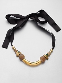 An unique design that features a beautiful blend of horn beads, metals and colorful stones on a satin ribbon. Cow hornBrassGlassPolyester Length, about 17.7Tie closureMade in Italy and imported An unique design that features a beautiful blend of horn beads, metals and colorful stones on a satin ribbon. Cow hornBrassGlassPolyester Length, about 17.7Tie closureMade in Italy and imported