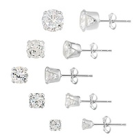 Sterling Silver 6ct CZ Stud Earrings, Set of 5 Sterling Silver 6ct CZ Stud Earrings, Set of 5