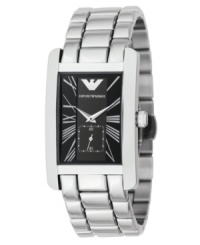Classically cool, timelessly elegant. Stainless steel bracelet and case. Bold black dial with Emporio Armani logo, stylized silvertone Roman numerals and subdial. Two-hand, quartz movement. Water resistant to 30 meters. Classically cool, timelessly elegant. Stainless steel bracelet and case. Bold black dial with Emporio Armani logo, stylized silvertone Roman numerals and subdial. Two-hand, quartz movement. Water resistant to 30 meters.