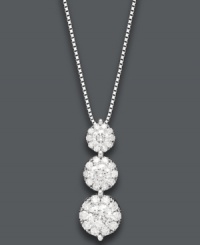 Let elegance define you. Prestige Unity's stunning three-stone pendant features clusters of round-cut diamonds (3/4 ct. t.w.) in 14k white gold setting with matching box chain. Approximate length: 18 inches. Approximate drop: 3/4 inch. Let elegance define you. Prestige Unity's stunning three-stone pendant features clusters of round-cut diamonds (3/4 ct. t.w.) in 14k white gold setting with matching box chain. Approximate length: 18 inches. Approximate drop: 3/4 inch.
