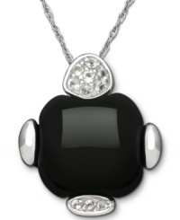Bold in black. This pretty pendant features a round-edge square onyx gemstone (15 ct. t.w.) topped with sparkling white topaz (1/8 ct. t.w.). Setting and chain crafted in sterling silver. Approximate length: 18 inches. Approximate drop: 3/4 inch. Bold in black. This pretty pendant features a round-edge square onyx gemstone (15 ct. t.w.) topped with sparkling white topaz (1/8 ct. t.w.). Setting and chain crafted in sterling silver. Approximate length: 18 inches. Approximate drop: 3/4 inch.