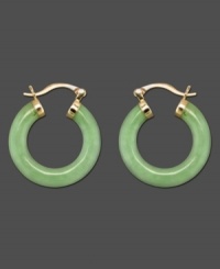 Go for a smooth and calming look with these beautiful jade hoop earrings set in 14k gold. Approximate diameter: 1 inch. Go for a smooth and calming look with these beautiful jade hoop earrings set in 14k gold. Approximate diameter: 1 inch.