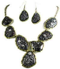 nique Two Tone Fossil and Rose Textured Fashion Necklace and Earrings Set with Ice Crystal Accents Gold and Hematite Tone