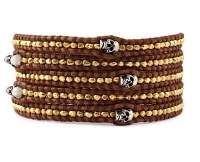 Chan Luu Gold Mix Skull Wrap Bracelet on Brown Leather
