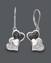 These Treasured Hearts earrings put a modern twist on the iconic heart symbol. Three overlapping hearts shine with the addition of sparkling, round-cut black diamonds (1/4 ct. t.w.) and white diamonds (1/10 ct. t.w.). Crafted in sterling silver. Approximate drop: 1-1/4 inches. These Treasured Hearts earrings put a modern twist on the iconic heart symbol. Three overlapping hearts shine with the addition of sparkling, round-cut black diamonds (1/4 ct. t.w.) and white diamonds (1/10 ct. t.w.). Crafted in sterling silver. Approximate drop: 1-1/4 inches.