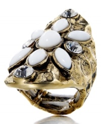 Add a bright pop of color. Clean white acrylic beads combine with clear glass accents on Style&co.'s sparkling statement ring. Crafted in gold tone mixed metal. Ring stretches to fit finger. Add a bright pop of color. Clean white acrylic beads combine with clear glass accents on Style&co.'s sparkling statement ring. Crafted in gold tone mixed metal. Ring stretches to fit finger.