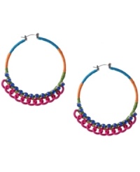 Attract some attention. The eye-catching details of blue, orange and green thread, vibrant blue crystal cup accents and a hot pink chain all make Haskell's hoop earrings a must for the aspiring fashionista. Crafted in rhodium-plated mixed metal. Approximate diameter: 2-3/8 inches. Approximate drop: 2-1/4 inches. Attract some attention. The eye-catching details of blue, orange and green thread, vibrant blue crystal cup accents and a hot pink chain all make Haskell's hoop earrings a must for the aspiring fashionista. Crafted in rhodium-plated mixed metal. Approximate diameter: 2-3/8 inches. Approximate drop: 2-1/4 inches.