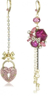Betsey Johnson Iconic Fabulous Fuchsia Heart Lock and Crystal Gem Mismatch Earrings Betsey Johnson Iconic Fabulous Fuchsia Heart Lock and Crystal Gem Mismatch Earrings
