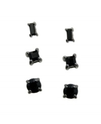 Great style comes in many shapes and sizes. GUESS's fashionable three pair earring set feature rectangle, square, and round-cut jet plastic studs set in hematite tone mixed metal. Approximate diameters: 6 mm. Great style comes in many shapes and sizes. GUESS's fashionable three pair earring set feature rectangle, square, and round-cut jet plastic studs set in hematite tone mixed metal. Approximate diameters: 6 mm.
