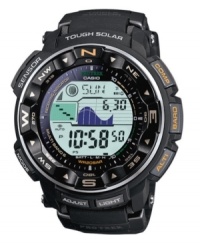 Take on new challenges with the multifunctional durability of this G-Shock watch. Crafted of black resin bracelet and round case. Shock-resistant, positive display digital dial features multi-band 6 atomic timekeeping, low temperature resistant, digital compass, altimeter, barometer, thermometer, auto duplex LCD light, auto EL backlight with afterglow, world time, tide and moon graph, flash alert, five daily alarms, countdown timer, stopwatch, power saving function and 12/24 hour formats. Quartz movement. Water resistant to 200 meters. One-year limited warranty. Solar-powered. Take on new challenges with the multifunctional durability of this G-Shock watch. Crafted of black resin bracelet and round case. Shock-resistant, positive display digital dial features multi-band 6 atomic timekeeping, low temperature resistant, digital compass, altimeter, barometer, thermometer, auto duplex LCD light, auto EL backlight with afterglow, world time, tide and moon graph, flash alert, five daily alarms, countdown timer, stopwatch, power saving function and 12/24 hour formats. Quartz movement. Water resistant to 200 meters. One-year limited warranty. Solar-powered.