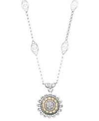 Freshen your look. A sweet daisy design adorns this pretty pendant, along with sparkling round-cut diamonds for shine (1/10 ct. t.w.). Crafted in sterling silver with 14k gold accents. Approximate length: 18 inches. Approximate drop: 1/2 inch. Freshen your look. A sweet daisy design adorns this pretty pendant, along with sparkling round-cut diamonds for shine (1/10 ct. t.w.). Crafted in sterling silver with 14k gold accents. Approximate length: 18 inches. Approximate drop: 1/2 inch.