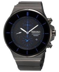Become a man of mystery in this darkly designed chronograph watch from Seiko. Become a man of mystery in this darkly designed chronograph watch from Seiko.