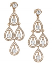Channel romantic style in sparkling chandeliers. Carolee earrings feature a dramatic cut-out pear design accented by glittering glass stones. Crafted in gold tone mixed metal. Approximate drop: 2-3/4 inches. Channel romantic style in sparkling chandeliers. Carolee earrings feature a dramatic cut-out pear design accented by glittering glass stones. Crafted in gold tone mixed metal. Approximate drop: 2-3/4 inches.