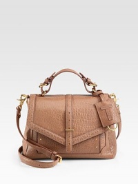 A versatile design in beautiful textured leather with a detachable strap.Adjustable top handle, 4-5 dropDetachable adjustable shoulder strap, 21¾-24 dropFlap and strap closureProtective metal feetOne outside zip pocketOne zip pocket under flapOne inside zip pocketThree inside open pocketsOne mirrorCanvas lining11½W X 8½H X 4¼DImported A versatile design in beautiful textured leather with a detachable strap.Adjustable top handle, 4-5 dropDetachable adjustable shoulder strap, 21¾-24 dropFlap and strap closureProtective metal feetOne outside zip pocketOne zip pocket under flapOne inside zip pocketThree inside open pocketsOne mirrorCanvas lining11½W X 8½H X 4¼DImported