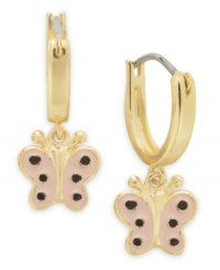 Just wing it! Lily Nily's children's drop hoop earrings feature a pink and black polka-dot enamel butterfly set in 18k gold over sterling silver. Item comes packaged in a signature Lily Nily Gift Box. Approximate drop: 3/4 inch. Approximate width: 3/8 inch. Just wing it! Lily Nily's children's drop hoop earrings feature a pink and black polka-dot enamel butterfly set in 18k gold over sterling silver. Item comes packaged in a signature Lily Nily Gift Box. Approximate drop: 3/4 inch. Approximate width: 3/8 inch.