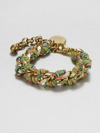 A radiant link chain wrapped with multi-colored thread for a truly unique and colorful style. Polyester threadGoldtone brassLength, about 6Lobster clasp closureMade in USA A radiant link chain wrapped with multi-colored thread for a truly unique and colorful style. Polyester threadGoldtone brassLength, about 6Lobster clasp closureMade in USA