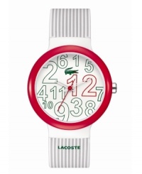 Scrambled excellence from Lacoste. Unisex Goa watch crafted of gray and white stripe silicone strap with printed logo and round white plastic case with red bezel. White dial features jumbled green and red printed numerals, cut-out hour and minute hand, red second hand, and iconic crocodile logo at twelve o'clock. Quartz movement. Water resistant to 30 meters. Two-year limited warranty. Scrambled excellence from Lacoste. Unisex Goa watch crafted of gray and white stripe silicone strap with printed logo and round white plastic case with red bezel. White dial features jumbled green and red printed numerals, cut-out hour and minute hand, red second hand, and iconic crocodile logo at twelve o'clock. Quartz movement. Water resistant to 30 meters. Two-year limited warranty.