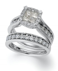 For the moment that will last a lifetime, this stunning Princess Treasures' ring set features an engagement ring with four princess-cut diamonds at center and smaller round-cut diamonds at the shoulders. The matching wedding band also features round-cut diamonds (total 2 ct. t.w.). Crafted in 14k white gold. For the moment that will last a lifetime, this stunning Princess Treasures' ring set features an engagement ring with four princess-cut diamonds at center and smaller round-cut diamonds at the shoulders. The matching wedding band also features round-cut diamonds (total 2 ct. t.w.). Crafted in 14k white gold.